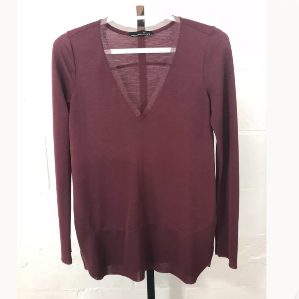 Zara W&B Raw Hem Top Maroon Mesh Trim Long Sleeve